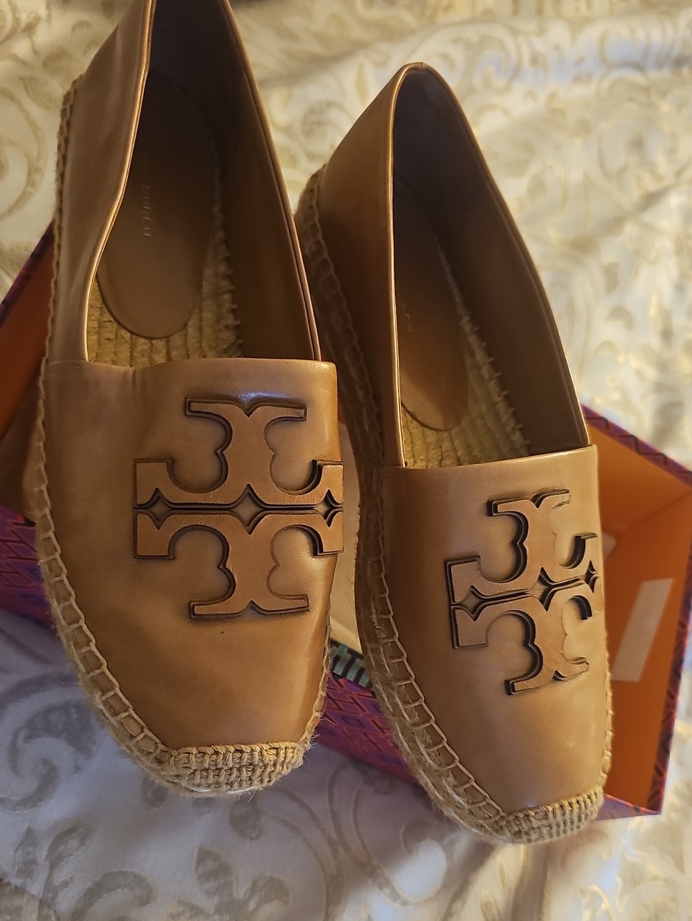 Tory Burch Tan Leather Logo Espadrille Flats